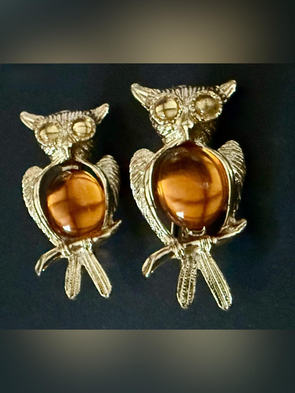 2 Vintage Jelly Belly Owl Brooch Pins Gold Tone Amber Cabochons